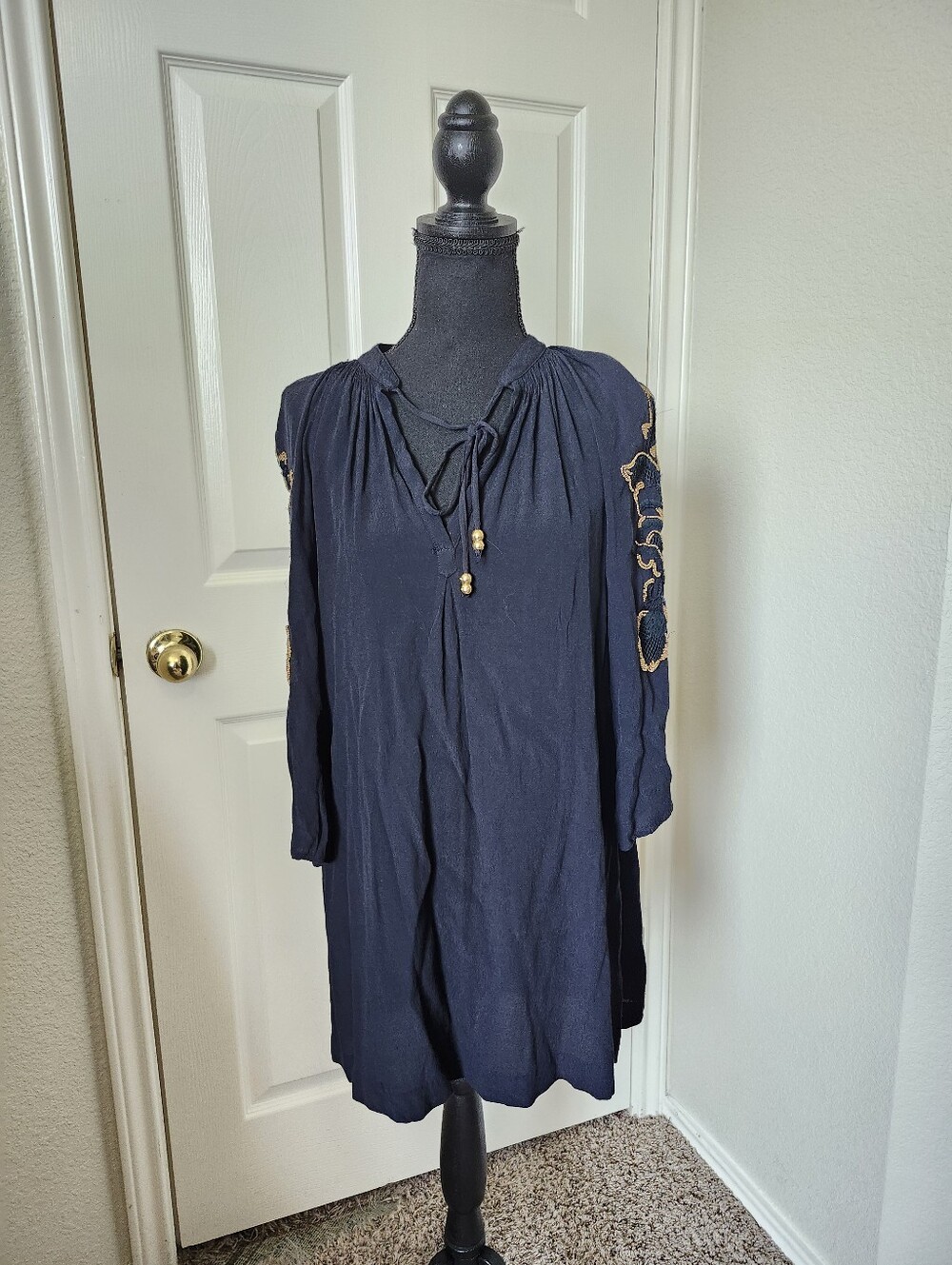 Juicy Couture Black Tunic with Embroidered Beaded Gold Sleeve Accents 0